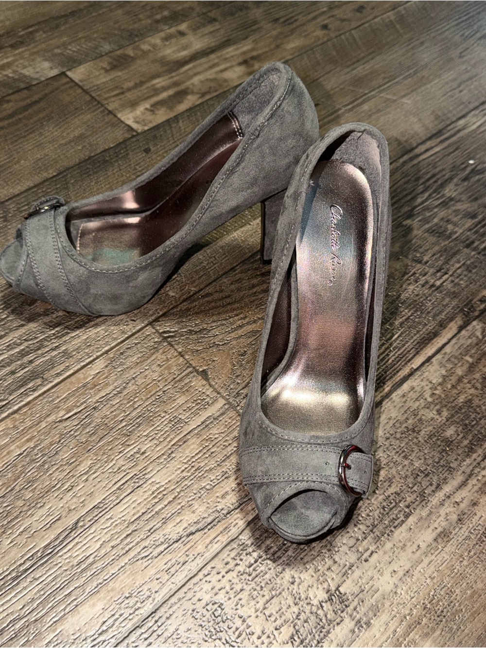 Charlotte Russe Gray Suede Peep-Toe Heels with Buckle